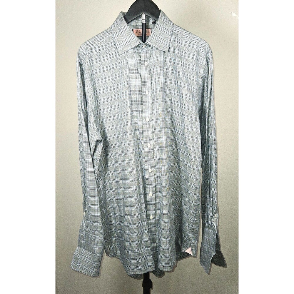 Thomas Pink Prestige Mens Dress Shirt Large Blue Glen Plaid Button Front